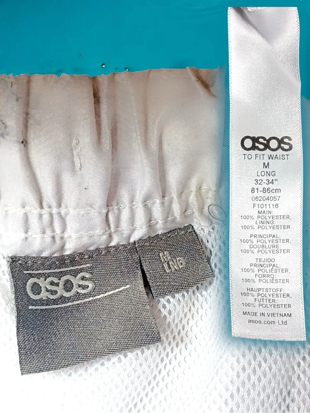 EUC ASOS Swim Shorts White Gray Marble Pattern Orange Drawstring Sz Md Lng